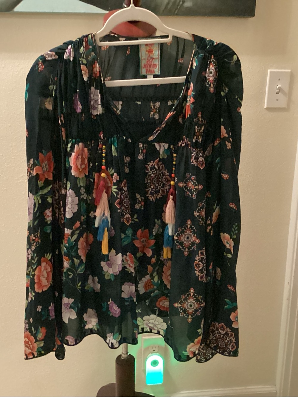 Johnny Was Dark Teal Floral Tassel Peasant Blouse
